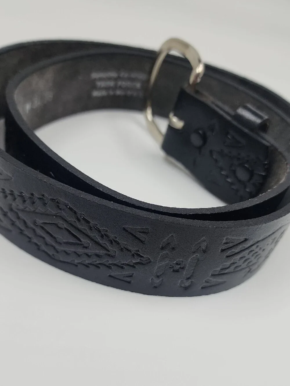 Black Embossed Leather Men's Belt with Silver Buckle